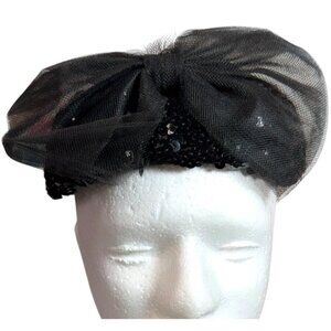 Vintage 1950s Black Sequin Pillbox Hat W/ Sheer Bow & Hair Clips Comb Church